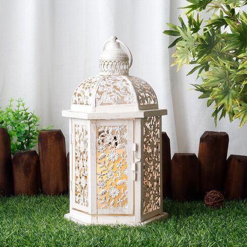 فانوس شموع مزخرف من JHY DESIGN بطول 15 بوصة، حامل شموع معدني معلق على الطراز العتيق للمناسبات الداخلية والخارجية وحفلات الزفاف (أسود مع فرشاة ذهبية) in Kuwait