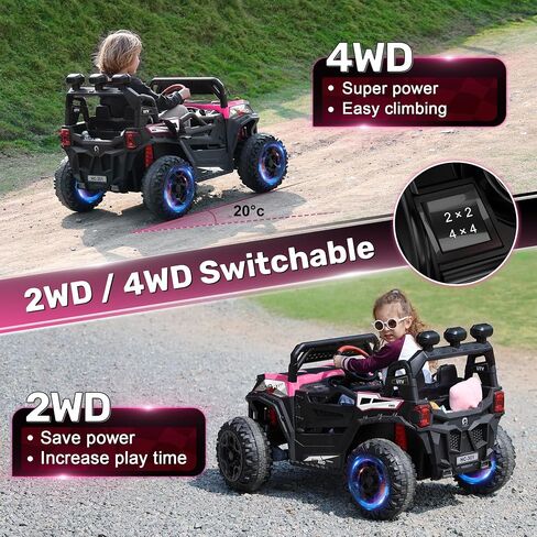 ANPABO 24V 4X4 Ride on Car Truck w/Remote Control, 4WD/2WD Switchable Kids UTV, 19" Spacious Seat, 4 Shock Absorbers, Soft Start, Music Player, Electric Car for Kids Ages 3+(Pink) in Kuwait