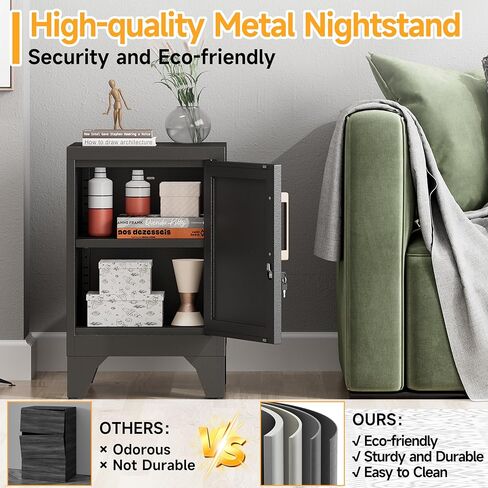 Metal Nightstand Cabinet with Lock,23.6" H Lockable End Table with Adjustable Shelf,Easy Assembly Locking Cabinets,Small Night Stand for Bedroom,Home Office(Black) in Kuwait