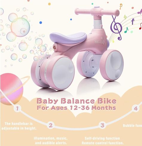 Baby Balance Bike يبلغ من العمر 1 سنة مع الموسيقى ، والأضواء ، وآلة الفقاعات ، و 4 عجلات من الأطفال الصغار يركبون ألعابًا لمدة 12-36 شهرًا هدية عيد ميلاد ، و Riddler Boy Toys Ride On Car (Pink) in Kuwait