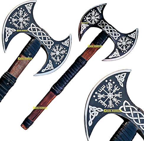 Dark Warrior/> الفأس المزدوج في العصور الوسطى - الفأس مزدوج الوجهين - محفور كامل على حد سواء برأس الفايكينج فيغفيسير/الفأس المنحوت مع عمود ومغلف جلدي. in Kuwait