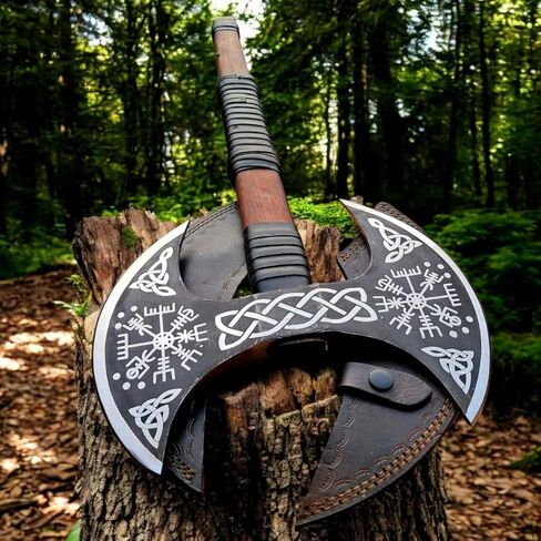 Dark Warrior/> الفأس المزدوج في العصور الوسطى - الفأس مزدوج الوجهين - محفور كامل على حد سواء برأس الفايكينج فيغفيسير/الفأس المنحوت مع عمود ومغلف جلدي. in Kuwait