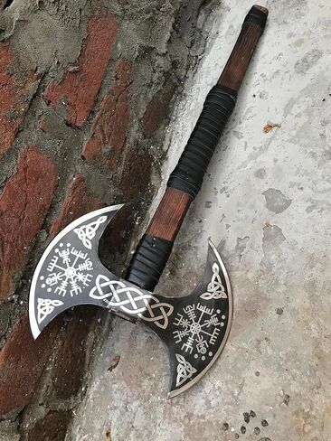 Dark Warrior/> الفأس المزدوج في العصور الوسطى - الفأس مزدوج الوجهين - محفور كامل على حد سواء برأس الفايكينج فيغفيسير/الفأس المنحوت مع عمود ومغلف جلدي. in Kuwait