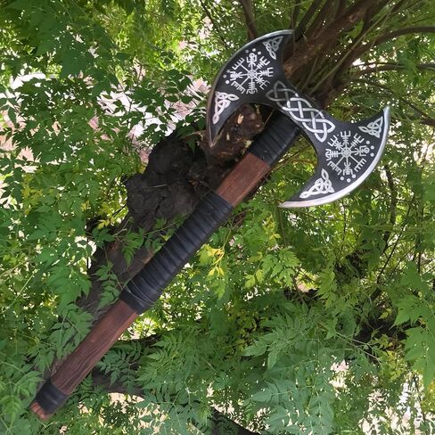 Dark Warrior/> الفأس المزدوج في العصور الوسطى - الفأس مزدوج الوجهين - محفور كامل على حد سواء برأس الفايكينج فيغفيسير/الفأس المنحوت مع عمود ومغلف جلدي. in Kuwait