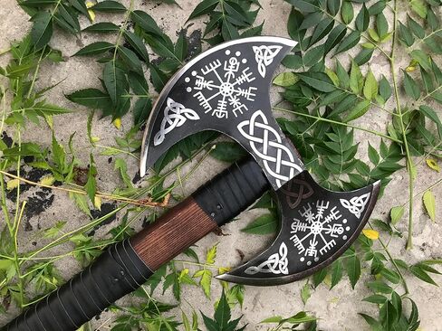 Dark Warrior/> الفأس المزدوج في العصور الوسطى - الفأس مزدوج الوجهين - محفور كامل على حد سواء برأس الفايكينج فيغفيسير/الفأس المنحوت مع عمود ومغلف جلدي. in Kuwait