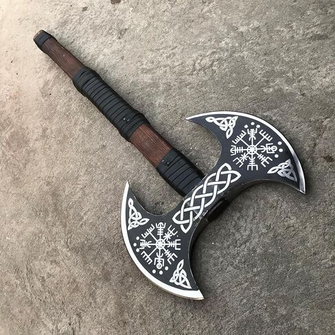 Dark Warrior/> الفأس المزدوج في العصور الوسطى - الفأس مزدوج الوجهين - محفور كامل على حد سواء برأس الفايكينج فيغفيسير/الفأس المنحوت مع عمود ومغلف جلدي. in Kuwait