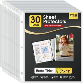 KTRIO Heavy Duty Sheet Protectors 8.5 x 11 inch, 3 Mil Thick Clear Page Protector for 3 Ring Binder, Plastic Sleeves for Binders, Top Loading Paper Document Sleeve Letter Size, Office & Home, 30 Pack in Kuwait