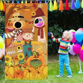Happy Thanksgiving Toss Game Banner with 3 Bean Bags Scarecrow Bean Bag Toss Games Thanksgiving Game Decoration Thanksgiving Turkey Harvest Party Games for Kid Adult Party Supplies (Thanksgiving) in Kuwait