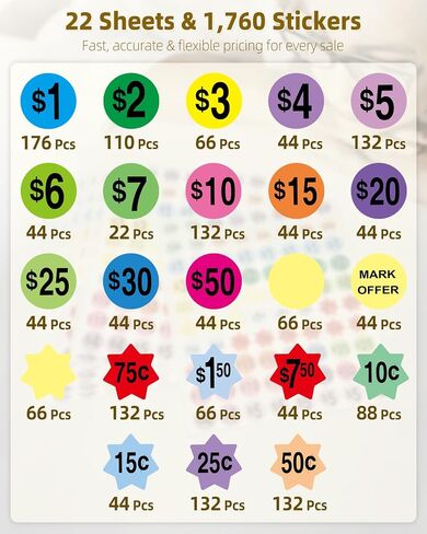 ملصقات بيع مرآب UniClife 22 ، ملصقات أسعار البيع ، 1760 PCS ، ملصقات سعر 3/4 "قابلة للإزالة ، ملصقات تسعير مسبقًا مسبقًا لتجارة التجزئة لأسواق السلع المستعملة والمعارض in Kuwait
