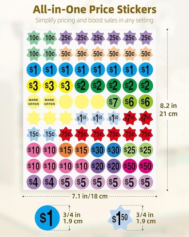 ملصقات بيع مرآب UniClife 22 ، ملصقات أسعار البيع ، 1760 PCS ، ملصقات سعر 3/4 "قابلة للإزالة ، ملصقات تسعير مسبقًا مسبقًا لتجارة التجزئة لأسواق السلع المستعملة والمعارض in Kuwait