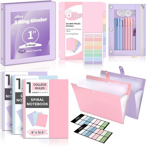 Skydue School Supplies Set-1 "3 حلقات الموثق ، 2 مجلدات الملفات المتوسعة ، 3 أجهزة دفتر حلزونية ، 8 فواصل علامات التبويب وحقبة القلم الرصاص-قرطاسية لطيفة للدراسة الثانوية ، الكلية الأساسية الأرجواني in Kuwait