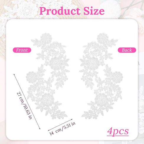 4pcs Lace Appliques Embellishments,3D Floral Embroidery Vintage Applique Patches,Polyester Soild Embroidered Lace for DIY Clothing Wedding Dress Decoration,White in Kuwait