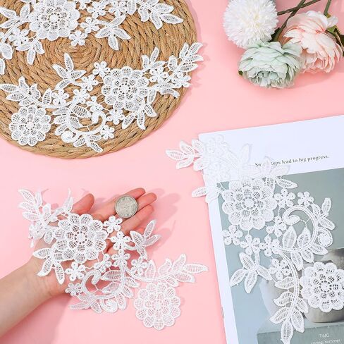 4pcs Lace Appliques Embellishments,3D Floral Embroidery Vintage Applique Patches,Polyester Soild Embroidered Lace for DIY Clothing Wedding Dress Decoration,White in Kuwait