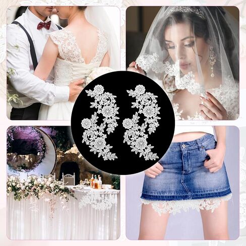 4pcs Lace Appliques Embellishments,3D Floral Embroidery Vintage Applique Patches,Polyester Soild Embroidered Lace for DIY Clothing Wedding Dress Decoration,White in Kuwait