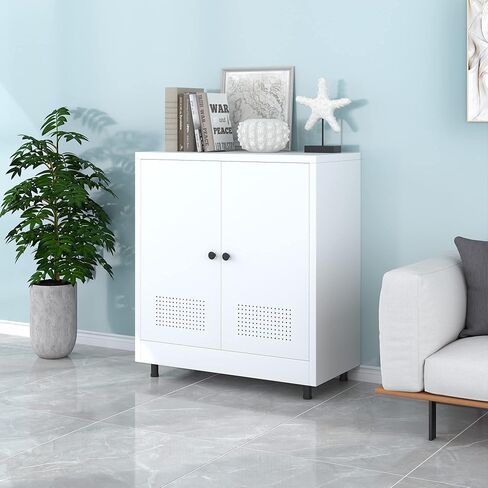 Metal Storage Cabinet with 2 Doors and Adjustable Shelf, Free Standing Accent Sideboard Buffet Cabinet for Home, Office, Entryway, Hallway, Living Room, Kitchen and Dining Room (White) in Saudi Arabia