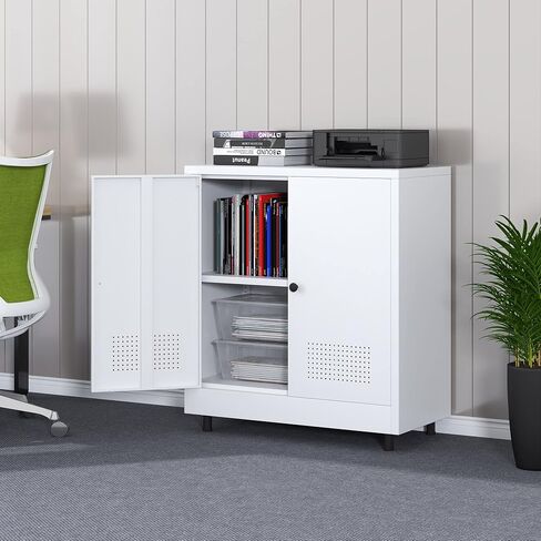 Metal Storage Cabinet with 2 Doors and Adjustable Shelf, Free Standing Accent Sideboard Buffet Cabinet for Home, Office, Entryway, Hallway, Living Room, Kitchen and Dining Room (White) in Saudi Arabia