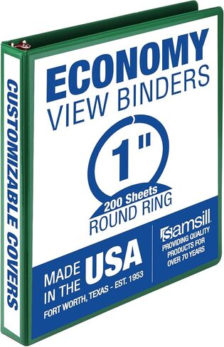 Samsill 1 Inch 3 Ring Binder, Made in USA, Economy Round Ring, Clear View Cover, 200 Sheet Capacity - for School, Home, Office - Green in Saudi Arabia