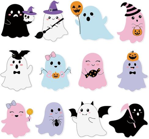 60 Pcs Halloween Ghost Cutouts Halloween Bulletin Board Decor Colorful Cute Ghost Paper Cut-Outs Decorations for Boys Girls DIY Art Craft Birthday Baby Shower Class Chalkboard Wall Decor in Saudi Arabia