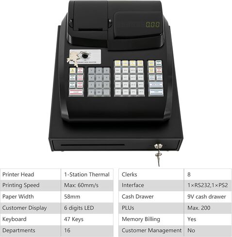 سجل نقدي إلكتروني مع طابعة إيصال مدمجة وعرض مزدوج نقدي ودرج عملة 47 مفاتيح 9 سجل نقدي رقمي LED الرقمي لمحلات السوبر ماركت والمطاعم ومحلات البقالة (أبيض) in Kuwait