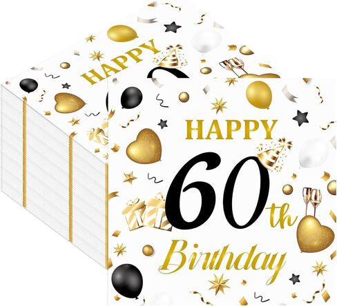 50pcs 80th Birthday Paper Napkins, White and Gold Happy Birthday Napkins Disposable Luncheon Cocktail Party Paper Beverage Napkin for Anniversary Birthday's Party Decorations, 13 x 13 Inches in Saudi Arabia