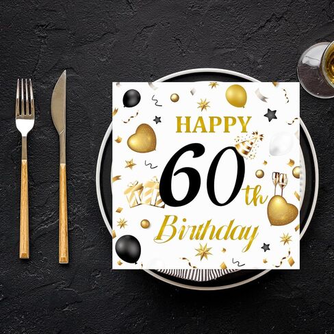 50pcs 80th Birthday Paper Napkins, White and Gold Happy Birthday Napkins Disposable Luncheon Cocktail Party Paper Beverage Napkin for Anniversary Birthday's Party Decorations, 13 x 13 Inches in Saudi Arabia