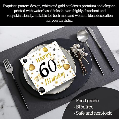 50pcs 80th Birthday Paper Napkins, White and Gold Happy Birthday Napkins Disposable Luncheon Cocktail Party Paper Beverage Napkin for Anniversary Birthday's Party Decorations, 13 x 13 Inches in Saudi Arabia