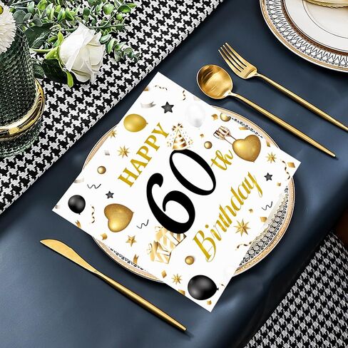 50pcs 80th Birthday Paper Napkins, White and Gold Happy Birthday Napkins Disposable Luncheon Cocktail Party Paper Beverage Napkin for Anniversary Birthday's Party Decorations, 13 x 13 Inches in Saudi Arabia