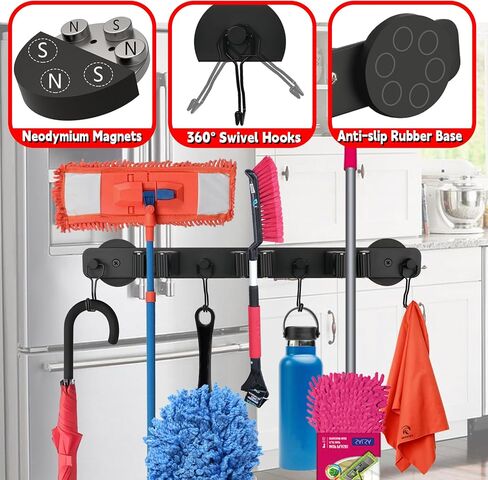 UNUSFIRE Mop Broom Holder Heavy Duty,Magnetic Mop Hangers Strong 4Rack Solid Aluminum Non-Slip Magnetic Tool Organizers Rack Storage for Home Kitchen Laundry Garage Workshop in Kuwait