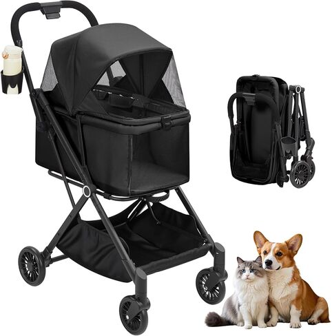 Foldable 4-Wheel Pet Stroller for Dogs & Cats -Dog Stroller, Lightweight Travel Carrier for Small to Medium Pets Up to 50Lbs, 360° Swivel Front Wheels, Foot Brake, Breathable Mes in Kuwait