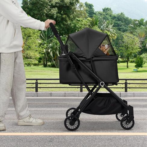Foldable 4-Wheel Pet Stroller for Dogs & Cats -Dog Stroller, Lightweight Travel Carrier for Small to Medium Pets Up to 50Lbs, 360° Swivel Front Wheels, Foot Brake, Breathable Mes in Kuwait