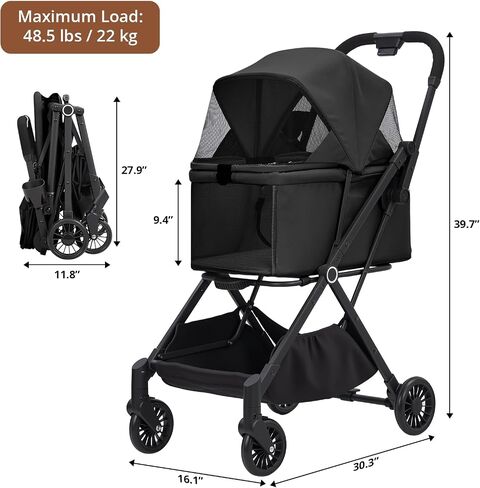Foldable 4-Wheel Pet Stroller for Dogs & Cats -Dog Stroller, Lightweight Travel Carrier for Small to Medium Pets Up to 50Lbs, 360° Swivel Front Wheels, Foot Brake, Breathable Mes in Kuwait