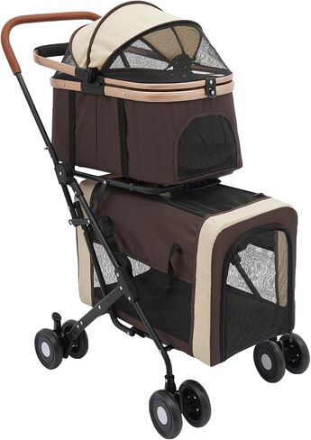 3-in-1 Double Pet Stroller for Dogs and Cats with 2 Detachable Carriers Foldable Stroller for Small Medium Dog, Pet Travel Cart, Collapsible, Sturdy (Coffee Color) in Saudi Arabia