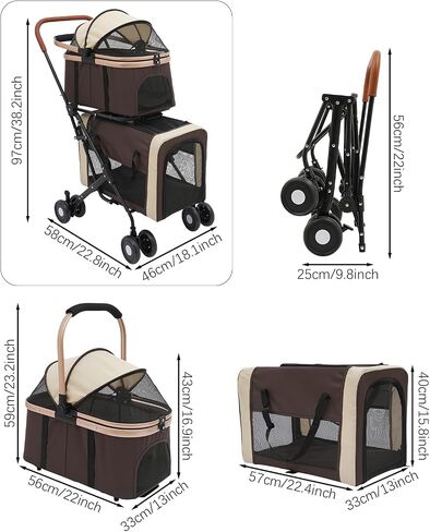 3-in-1 Double Pet Stroller for Dogs and Cats with 2 Detachable Carriers Foldable Stroller for Small Medium Dog, Pet Travel Cart, Collapsible, Sturdy (Coffee Color) in Saudi Arabia
