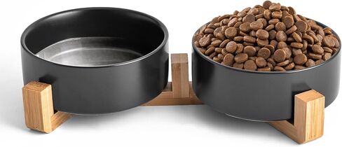 Black Ceramic Dog & Cat Bowl Set – 13.5 OZ with Wooden Stand, Non-Slip, Elevated Design for Small Dogs & Cats – 2 Bowls (Food & Water, Ceramic Pet Bowls, Modern Dog Bowls) in Kuwait