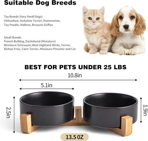 Black Ceramic Dog & Cat Bowl Set – 13.5 OZ with Wooden Stand, Non-Slip, Elevated Design for Small Dogs & Cats – 2 Bowls (Food & Water, Ceramic Pet Bowls, Modern Dog Bowls) in Kuwait