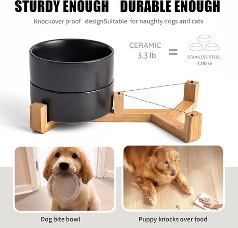 Black Ceramic Dog & Cat Bowl Set – 13.5 OZ with Wooden Stand, Non-Slip, Elevated Design for Small Dogs & Cats – 2 Bowls (Food & Water, Ceramic Pet Bowls, Modern Dog Bowls) in Kuwait