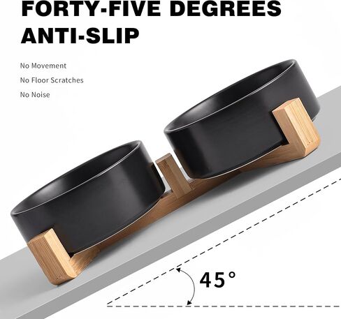 Black Ceramic Dog & Cat Bowl Set – 13.5 OZ with Wooden Stand, Non-Slip, Elevated Design for Small Dogs & Cats – 2 Bowls (Food & Water, Ceramic Pet Bowls, Modern Dog Bowls) in Kuwait