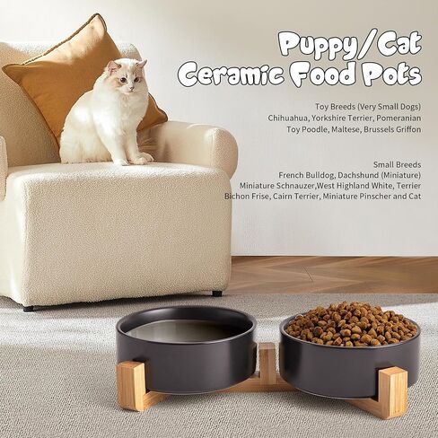 Black Ceramic Dog & Cat Bowl Set – 13.5 OZ with Wooden Stand, Non-Slip, Elevated Design for Small Dogs & Cats – 2 Bowls (Food & Water, Ceramic Pet Bowls, Modern Dog Bowls) in Kuwait