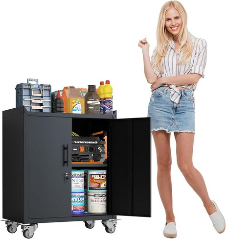 Metal Garage Storage Cabinet with Wheels,Adjustable Shelves with Doors and Lock,Sturdy and Durable Heavy Duty Utility Storage Cabinet for Office/Kitchen/Pantry Organizer in Saudi Arabia