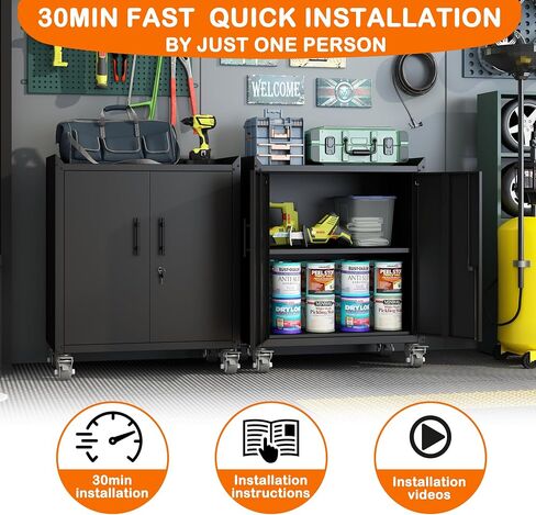 Metal Garage Storage Cabinet with Wheels,Adjustable Shelves with Doors and Lock,Sturdy and Durable Heavy Duty Utility Storage Cabinet for Office/Kitchen/Pantry Organizer in Saudi Arabia