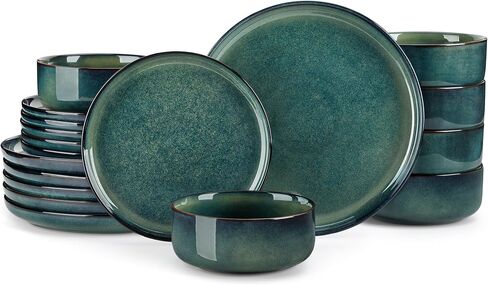 vancasso Starry 18 Pieces Dinnerware Sets for 6, Green Reactive Glaze Dishes Sets, Ceramic Plates and Bowls Set, Dinner Salad Dessert Plates, and Cereal Bowls Set, Dishwasher and Microwave Safe in Kuwait