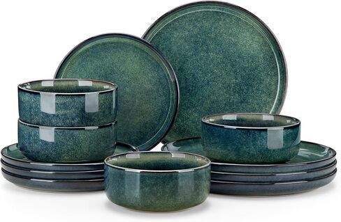 vancasso Starry 18 Pieces Dinnerware Sets for 6, Green Reactive Glaze Dishes Sets, Ceramic Plates and Bowls Set, Dinner Salad Dessert Plates, and Cereal Bowls Set, Dishwasher and Microwave Safe in Kuwait