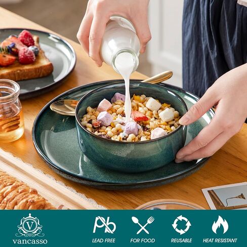 vancasso Starry 18 Pieces Dinnerware Sets for 6, Green Reactive Glaze Dishes Sets, Ceramic Plates and Bowls Set, Dinner Salad Dessert Plates, and Cereal Bowls Set, Dishwasher and Microwave Safe in Kuwait