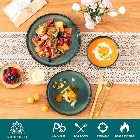 vancasso Starry 18 Pieces Dinnerware Sets for 6, Green Reactive Glaze Dishes Sets, Ceramic Plates and Bowls Set, Dinner Salad Dessert Plates, and Cereal Bowls Set, Dishwasher and Microwave Safe in Kuwait