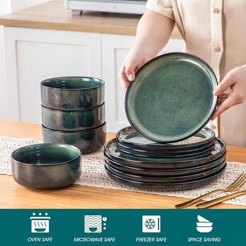 vancasso Starry 18 Pieces Dinnerware Sets for 6, Green Reactive Glaze Dishes Sets, Ceramic Plates and Bowls Set, Dinner Salad Dessert Plates, and Cereal Bowls Set, Dishwasher and Microwave Safe in Kuwait