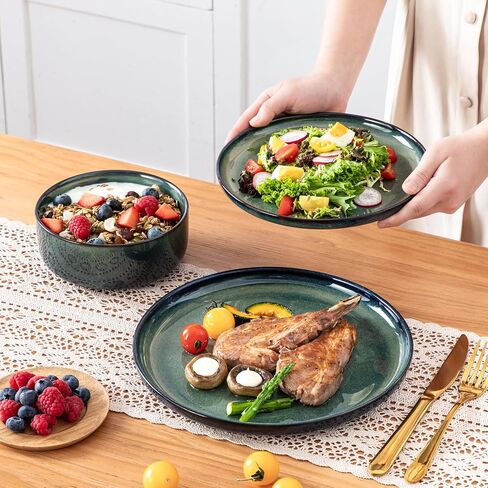 vancasso Starry 18 Pieces Dinnerware Sets for 6, Green Reactive Glaze Dishes Sets, Ceramic Plates and Bowls Set, Dinner Salad Dessert Plates, and Cereal Bowls Set, Dishwasher and Microwave Safe in Kuwait