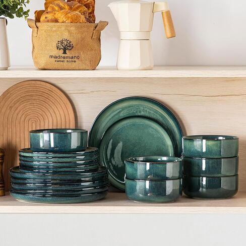 vancasso Starry 18 Pieces Dinnerware Sets for 6, Green Reactive Glaze Dishes Sets, Ceramic Plates and Bowls Set, Dinner Salad Dessert Plates, and Cereal Bowls Set, Dishwasher and Microwave Safe in Kuwait