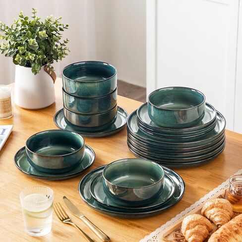 vancasso Starry 18 Pieces Dinnerware Sets for 6, Green Reactive Glaze Dishes Sets, Ceramic Plates and Bowls Set, Dinner Salad Dessert Plates, and Cereal Bowls Set, Dishwasher and Microwave Safe in Kuwait