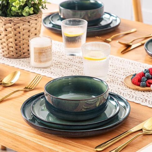 vancasso Starry 18 Pieces Dinnerware Sets for 6, Green Reactive Glaze Dishes Sets, Ceramic Plates and Bowls Set, Dinner Salad Dessert Plates, and Cereal Bowls Set, Dishwasher and Microwave Safe in Kuwait
