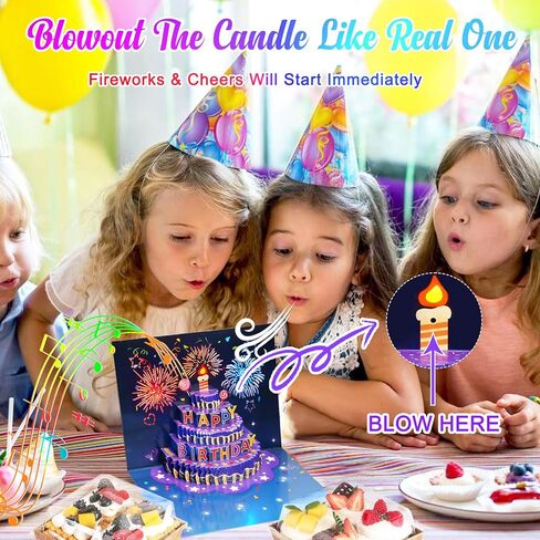 Fireworks Birthday Cards, 3D Pop Up Blowable Cake Greeting Cards with Lights Music, Happy Birthday Gifts for Women Men Kids Mom Dad Grandma in Kuwait